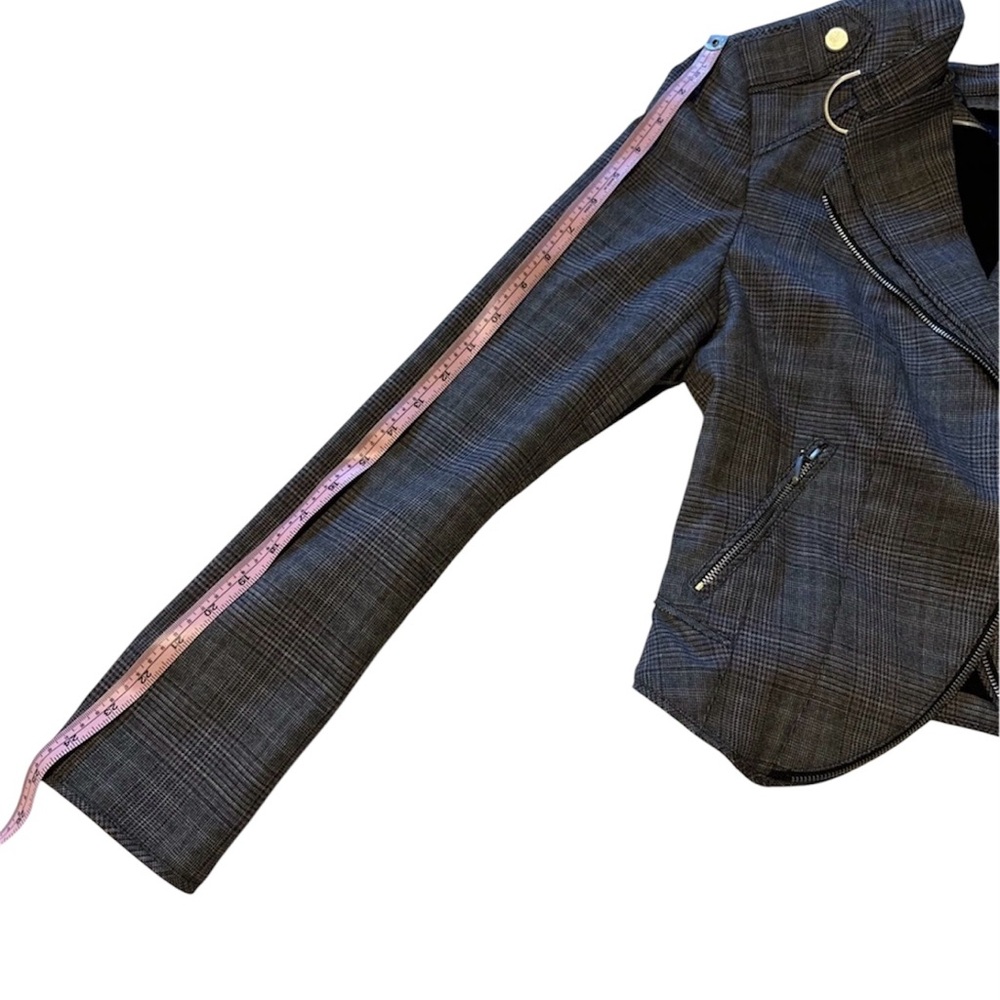 White House Black Market Moto Jacket Women Sz 8 Gray Merlot Plaid Cropped Lined - Picture 10 of 14